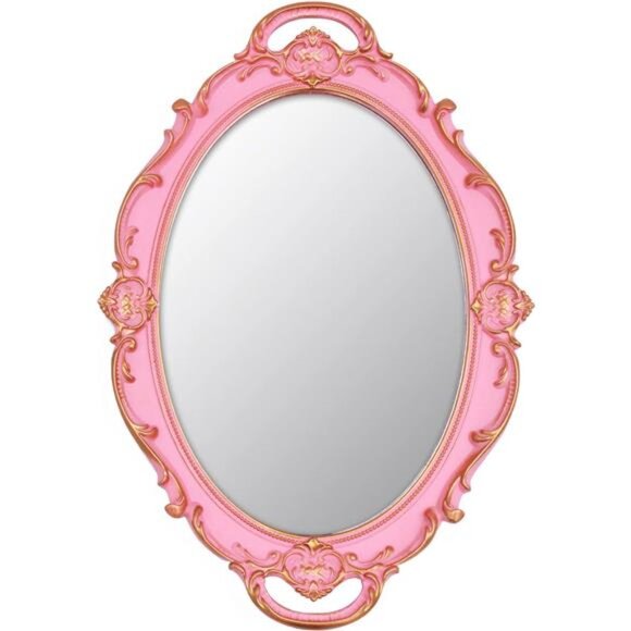 Vintage Small Mirror 14.5 x 10 inch Oval Pink Wall Mirror - Picture 1 of 6